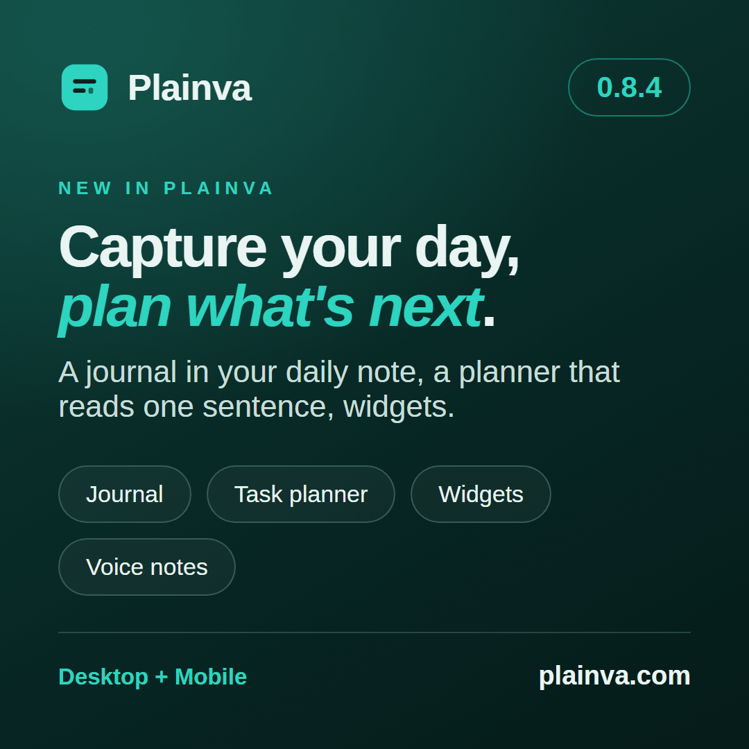 Plainva 0.8.4 release graphic: Capture your day, plan what's next. A journal in your daily note, a planner that reads one sentence, widgets. Journal, Task planner, Widgets, Voice notes. Desktop + Mobile.