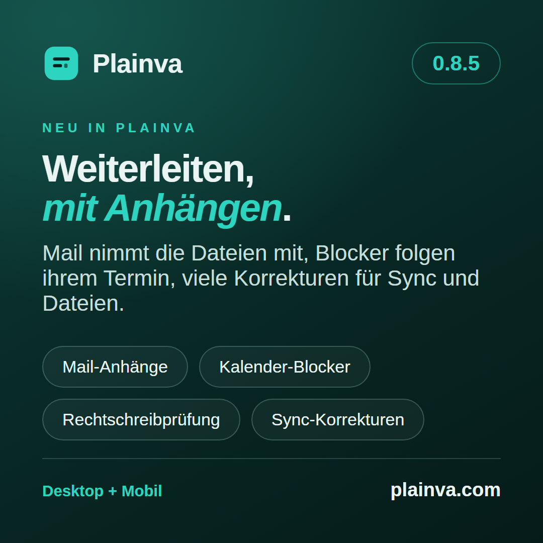 Dunkelgrüne Release-Grafik für Plainva 0.8.5 mit dem Plainva-Zeichen. Überschrift: „Weiterleiten, mit Anhängen.“ Darunter: „Mail nimmt die Dateien mit, Blocker folgen ihrem Termin, viele Korrekturen für Sync und Dateien.“ Vier Etiketten: Mail-Anhänge, Kalender-Blocker, Rechtschreibprüfung, Sync-Korrekturen. Am unteren Rand: Desktop + Mobil und plainva.com.