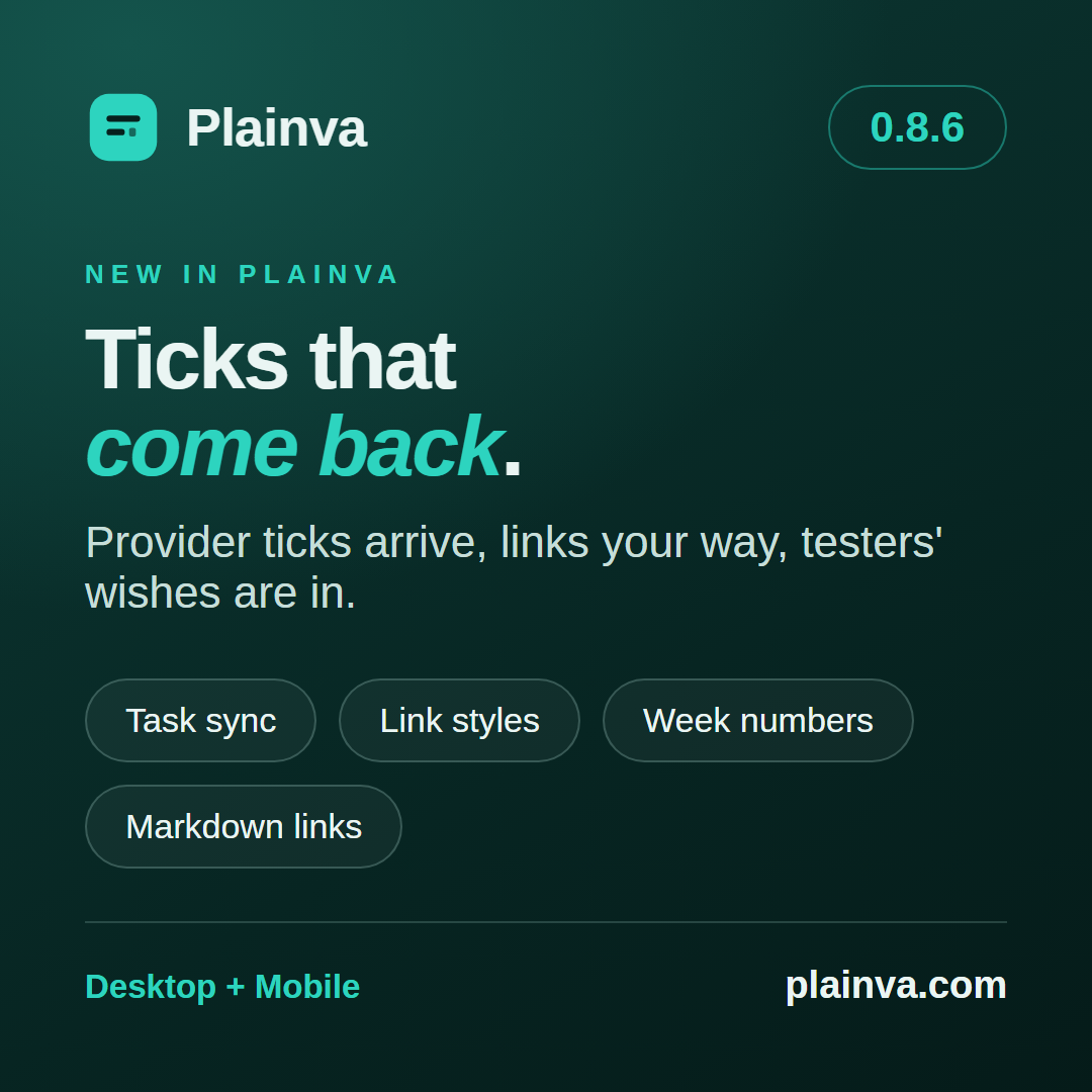 Dark green release graphic for Plainva 0.8.6 with the Plainva mark. The heading reads “Ticks that come back.” Below it: “Provider ticks arrive, links your way, testers' wishes are in.” Four labels: Task sync, Link styles, Week numbers, Markdown links. The footer shows Desktop + Mobile and plainva.com.